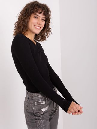 Czarna bluzka longsleeve basic w prążek - zdjęcie 2