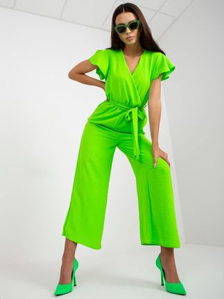 Fluo zielony kombinezon wide leg z krótkim rękawem RUE PARIS - zdjęcie 2