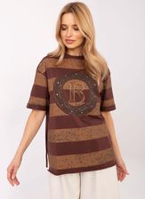 Calimera Brązowy T-Shirt Z Nadrukiem W Paski I Aplikacjami