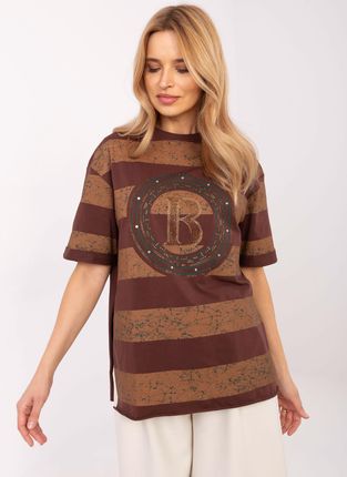 Calimera Brązowy T-Shirt Z Nadrukiem W Paski I Aplikacjami