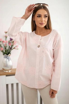 Bluzka koszulowa z haftowanym wzorem pudrowy róż, oversize, z guzikiem