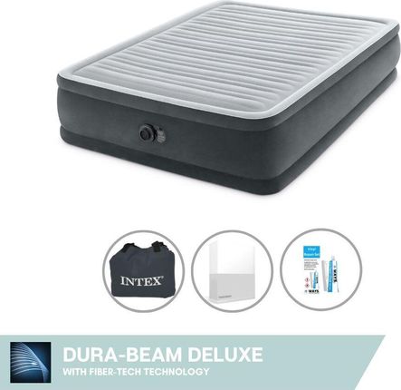 Intex Łóżko Dmuchane - 2 Os 152X203X46Cm Szare Z Wbudowaną Pompką + Prześcieradło Białe Zestaw Naprawczy