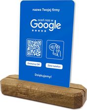 Stojak, karta z QR i NFC do zbierania opinii w Google, nazwa firmy, podkład dębowy, niebieska