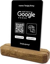 Stojak, karta z QR i NFC do zbierania opinii w Google, nazwa firmy, podkład dębowy, czarna