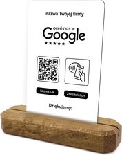 Stojak, karta z QR i NFC do zbierania opinii w Google, nazwa firmy, podkład dębowy, biała
