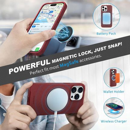 Shieldon Etui Skórzane Naturalnedo Iphone 15 Pro Max 2W1 Magsafe Czerwone - zdjęcie 2