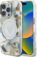 Guess Etui Glitter Flowers Triangle Buttons Magsafe Do Iphone 16 Pro Biały