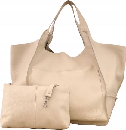 Torebka Skórzana Worek SHOPPER SKÓRA NATURALNA PREMIUM Model 2w1 z kosmetyczką BEŻOWA