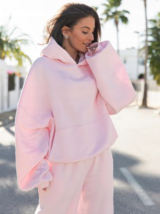 Bluza dresowa damska z kapturem oversize szeroka bawełniana baby pink - zdjęcie 6