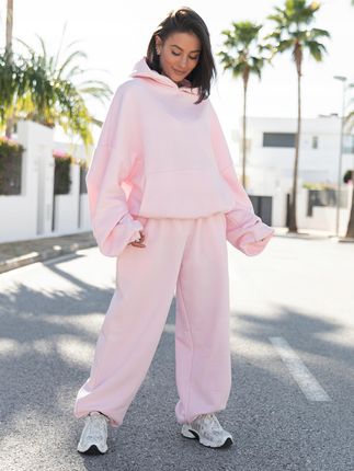 Bluza dresowa damska z kapturem oversize szeroka bawełniana baby pink - zdjęcie 2