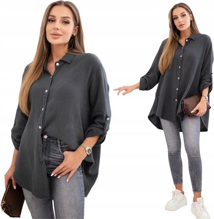 Grafitowa damska koszula bawełniana MUŚLINOWA Plus Size
