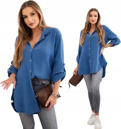 Ciemny jeans damska koszula bawełniana MUŚLINOWA Plus Size