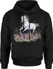 Biały koń w kwiatach biegnący na łące Męska bluza z kapturem (L, Czarny) - zdjęcie 1