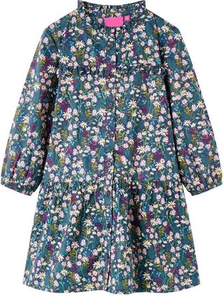 Dz. sukienka 100% bawełna, ciemnoniebieska, r.104, falbany, kwiatowy nadruk, 30°C