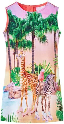 Sukienka dziecięca koralowa z nadrukiem, rozmiar 128, bez rękawów, 94% bawełna, 6% elastan