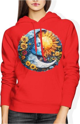Księżyc słońce w kwiaty Damska bluza z kapturem (M, Czerwony)