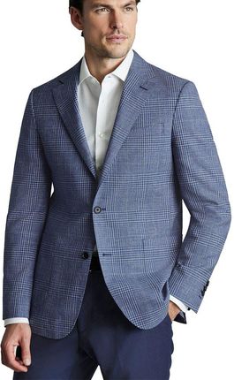 Charles Tyrwhitt Wool Linen Silk Jacket — Indigo Check - Slim fit | 48 | Standardowe Marynarka w kratę z mieszanki lnu i wełny Marynarki casualowe