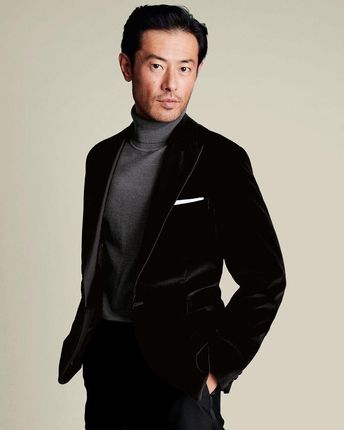 Charles Tyrwhitt Italian Velvet Jacket — Black - Slim fit | 54 | Standardowe Oryginalna włoska marynarka z aksamitu Marynarki casualowe