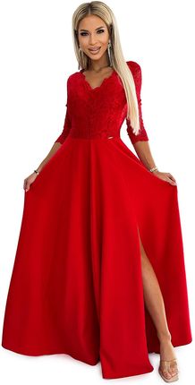 309-8 AMBER koronkowa elegancka długa suknia z dekoltem i rozcięciem na nogę - CZERWONA