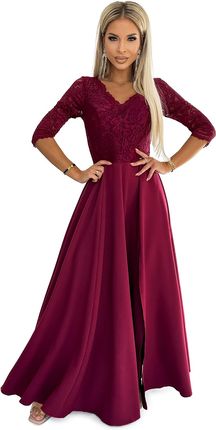 309-9 AMBER elegancka długa suknia maxi z koronkowym dekoltem - BORDOWA