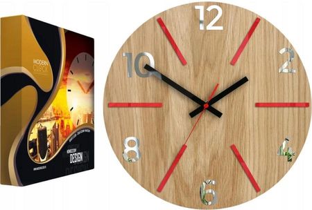 Modernclock Zegar Ścienny Drewniany Dębowy Akrylowy Aksel Wood Red Mirror Okrągły