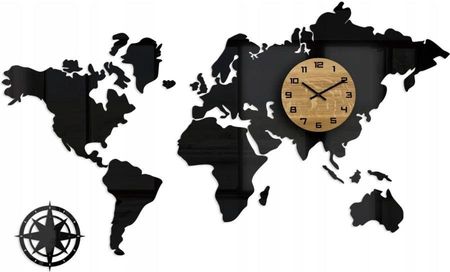 Modernclock Zegar Ścienny W Stylu Nowoczesnym Mapa Swiata Czarna Tarcza Drewniana