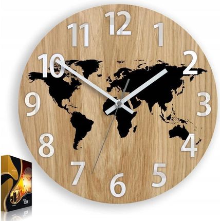 Modernclock Zegar Ścienny Drewniany Dębowy Akrylowy Mapa Wood Czarna Cyfry 33Cm