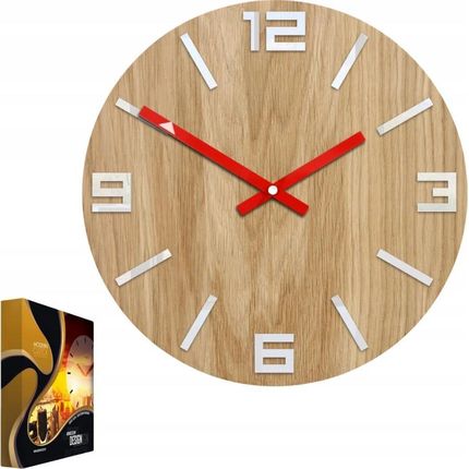 Modernclock Zegar Ścienny Drewniany Dębowy Akrylowy Arabic Wood White&Red Okrągły