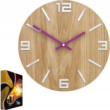 Modernclock Zegar Ścienny Drewniany Dębowy Akrylowy Arabic Wood White&Violet Okrągły