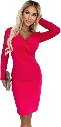 Numoco 398 4 Elegancka Bawełniana Sukienka Z Kopertowym Dekoltem I Długim Rękawkiem Fuksja