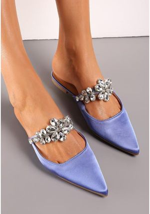 NIEBIESKIE SATYNOWE KLAPKI MULE Z PASKIEM W CYRKONIE I SZPICZASTYM NOSKIEM ROZMIAR 38