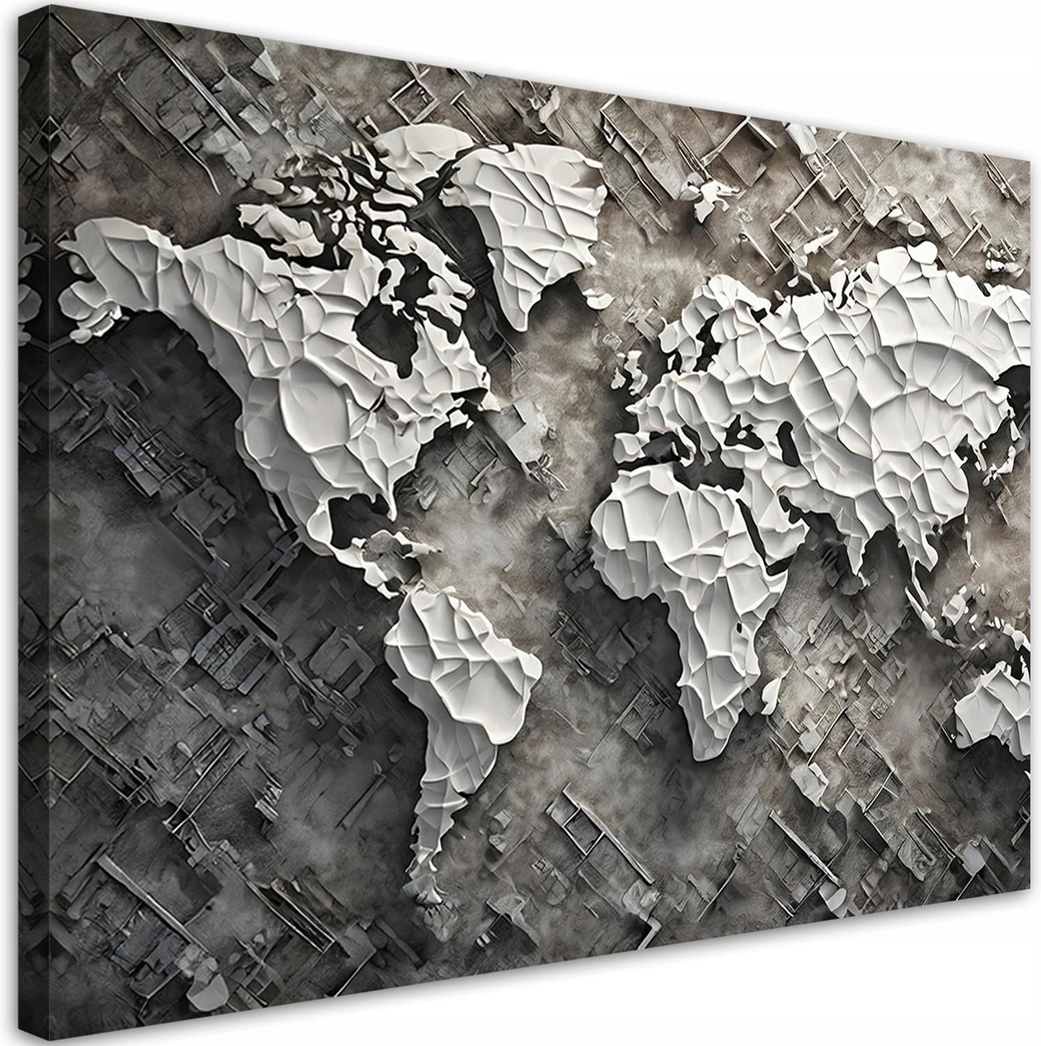 Feeby Mapa świata czarno biała, Obraz do biura salonu na ściane 3D ...