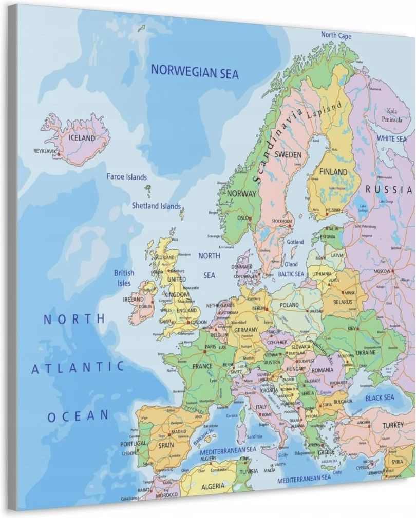 Obraz na płótnie Polityczna Mapa Europy państwa miasta drogi 90x90 ...