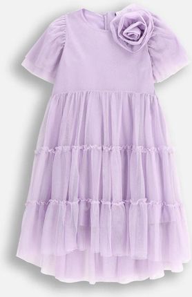 Sukienka tiulowa fioletowa z falbanami i odpinaną ozdobą