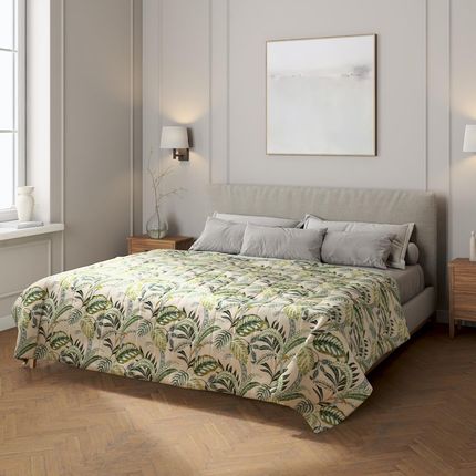 Dekoria.Pl Narzuta Pikowana W Pasy Oliwkowo-Zielone Liście Na Lnianym Tle Flowers 170x210 cm (83614296_170X210)