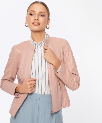 Damska kurtka ze skóry owczej z przeszyciami różowa