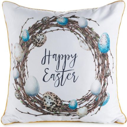 Eurofirany Poszewka Świąteczna 45X45 Wiosna Biała Brązowa Happy Easter Z Ozdobną Lamówką