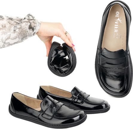 BAREFOOT Eleganckie Damskie minimalistyczne mokasyny skórzane 1280 czarny lakier