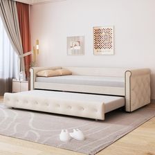 Merax sofa rozkładana 90x200cm z wysuwaną podstawą i stelażem listew lniana łóżko tapicerowane dziecięce beż