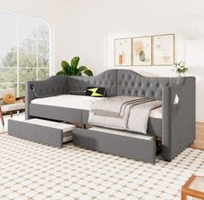 Flieks rozkładana sofa 90x190cm z USB i typem C tapicerowane łóżko 2 szufladami listwowym stelażem pościel szary