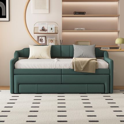 Merax Rozkładana sofa z wysuwanym łóżkiem i szufladą ze stelażem listwowym łóżko gościnne tapicerowane pojedyncze 90x200cm/90 - zdjęcie 2