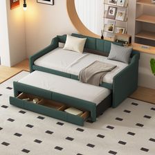 Merax Rozkładana sofa z wysuwanym łóżkiem i szufladą ze stelażem listwowym łóżko gościnne tapicerowane pojedyncze 90x200cm/90