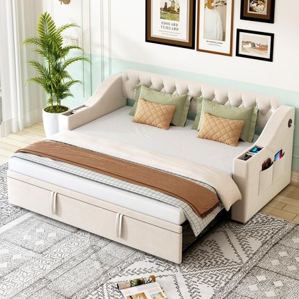 Flieks sofa rozkładana 90x190cm/180x190cm z wysuwanym łóżkiem łóżko tapicerowane młodzieżowe gościnne aksamit beżowy