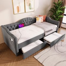 Flieks rozkładana sofa 90x200 cm z USB i typem C tapicerowane łóżko 2 szufladami listwowym stelażem pościel szary