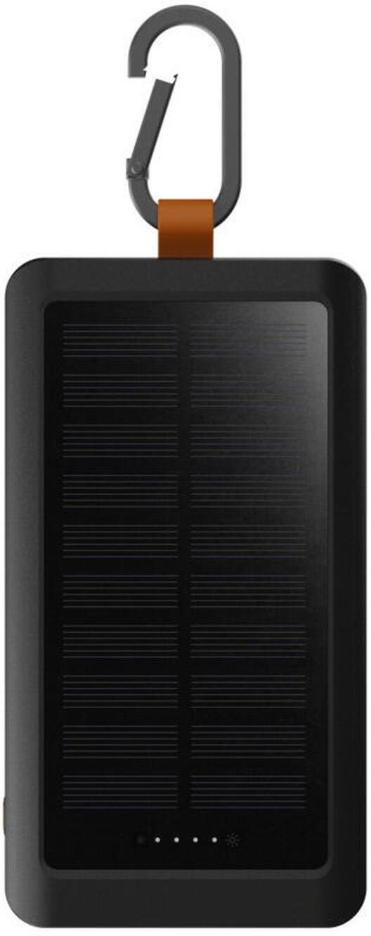 Czarny powerbank Xtorm Go2 10000 mAh z małym panelem solarnym, karabińczykiem i podświetlanym tyłem