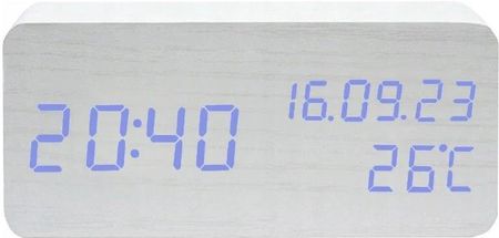 Volan Zegar budzik drewniany led elektroniczny cyfrowy stojący termometr + data (6137BIALYNIEB)
