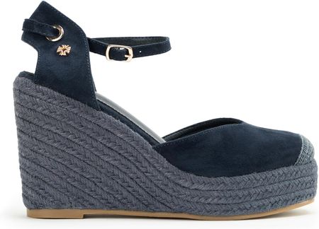 Damskie espadryle na koturnie z wiązaniem granatowe