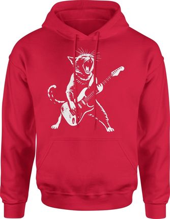 Kot z gitarą Męska bluza z kapturem (XXL, Czerwony)
