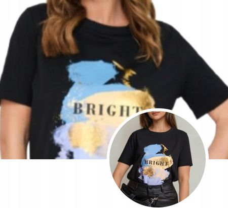 Bluzka z metalicznym nadrukiem koszulka bawełna SINSAY czerń t-shirt L