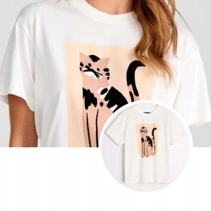 Bluzka z nadrukiem kota koszulka bawełna kremowa SINSAY t-shirt M